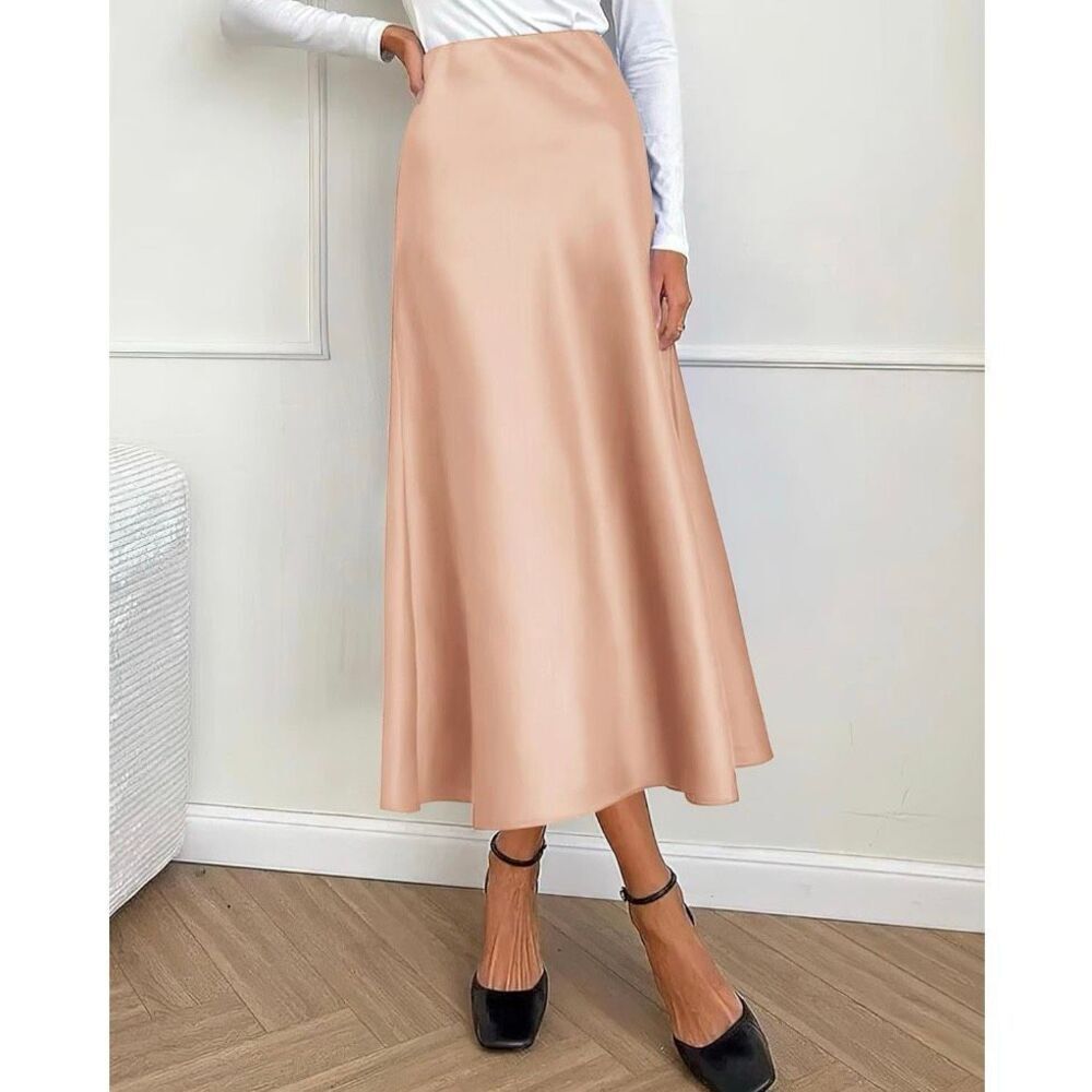 Champagne Pink Satin Midi Skirt